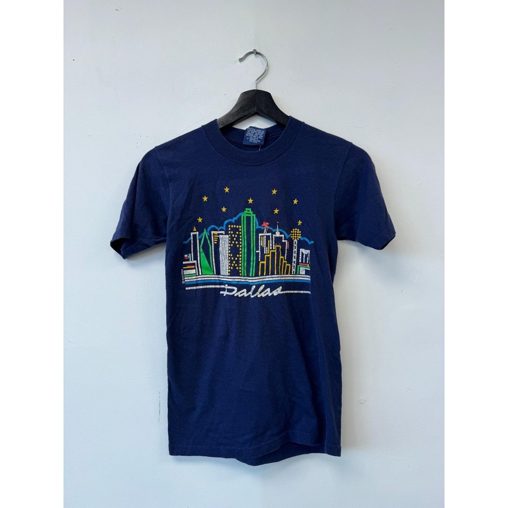 Vintage Dallas Shirt Womens XS‎ Navy City Skyline Graphic Made USA 80s